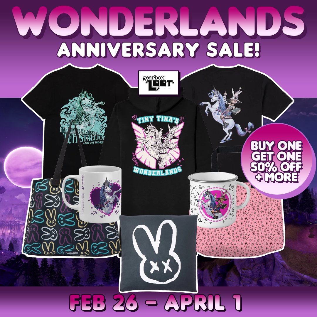 GearboxLoot's tweet photo. Celebrate Tiny Tina and save big on some of your favorite items! 🥳

Get a deal on t-shirts, sweaters, hoodies, joggers, homeware, Akedos, accessories, and drinkware!
👕👖👟🥤

https://t.co/53Ex64tALl https://t.co/31eW44AxVR