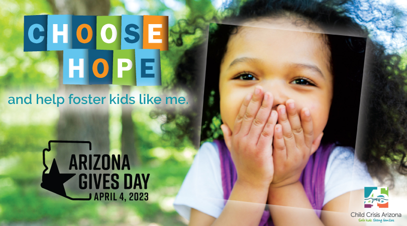 Today is the start of early giving for <a href="/azgives/">Arizona Gives</a> Day! Join us in celebrating philanthropy and choosing hope for children in foster care. 

Donate today by visiting: azgives.org/childcrisisari…

#AZGivesDay #SafeKidsStrongFamilies #nonprofit #philanthropy