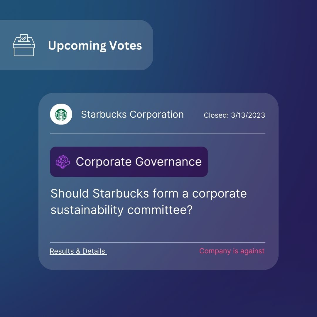 Grab a ☕ and dig into upcoming #votes that will be decided upon at @Starbucks #AGM on 3/23/23. Sign up for the Fennel #waitlist so you can access digestible information about past and upcoming #shareholdervotes and become a more engaged investor. fennel.com
