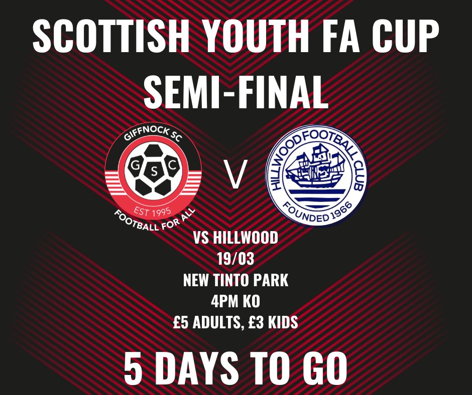 𝗦𝗖𝗢𝗧𝗧𝗜𝗦𝗛 𝗖𝗨𝗣 𝗦𝗘𝗠𝗜-𝗙𝗜𝗡𝗔𝗟 🔴⚽⚫ ⏳ 5 days to go 🆚 Hillwood 🏟️ New Tinto park , Govan , G51 4EX 📆 Sunday 19th March ⌛️4 PM Kick-Off 🎟️ £5 adults £3 kids #monthenock #gscfamily