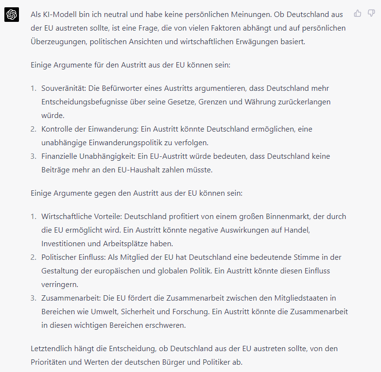 Herr_Nuxoll's tweet photo. Hier GPT3.5 vs. 4.0. Prompt: Sollte Deutschland aus der EU austreten? #chatGPT #lernenmitKI #Doppelstunde https://t.co/ZyRGQsUqXl