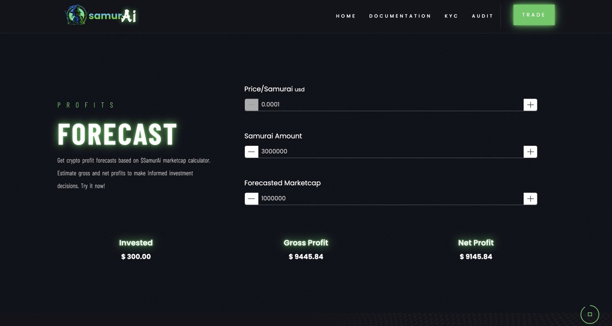 I've been working hard on a market cap forecast calculator that calculates your initial investment against future gross and net profits. This essential tool is perfect for cryptocurrency investors looking to predict their earnings based on #MarketCap 

samurai.tax