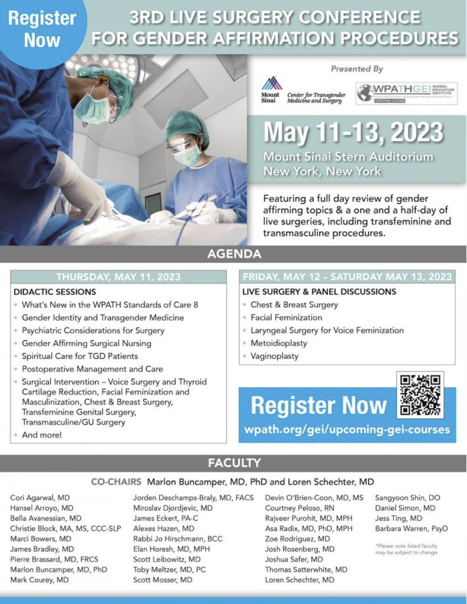 Mount Sinai Department of Medicine (@domsinainyc) on Twitter photo 🗓️ May 11-13, 2023. Join the 3rd Live Surgery Conference for #GenderAffirmation procedures. Featuring review of gender affirming topics & live surgeries, including #transfeminine & #transmasculine procedures. <a href="/MountSinaiEndo/">Mount Sinai Division of Endocrinology</a> <a href="/TransCareSinai/">Center for Transgender Medicine and Surgery</a>
Registration: bit.ly/3ZNOPNJ 🗓️ May 11-13, 2023. Join the 3rd Live Surgery Conference for #GenderAffirmation procedures. Featuring review of gender affirming topics & live surgeries, including #transfeminine & #transmasculine procedures. <a href="/MountSinaiEndo/">Mount Sinai Division of Endocrinology</a> <a href="/TransCareSinai/">Center for Transgender Medicine and Surgery</a>
Registration: bit.ly/3ZNOPNJ