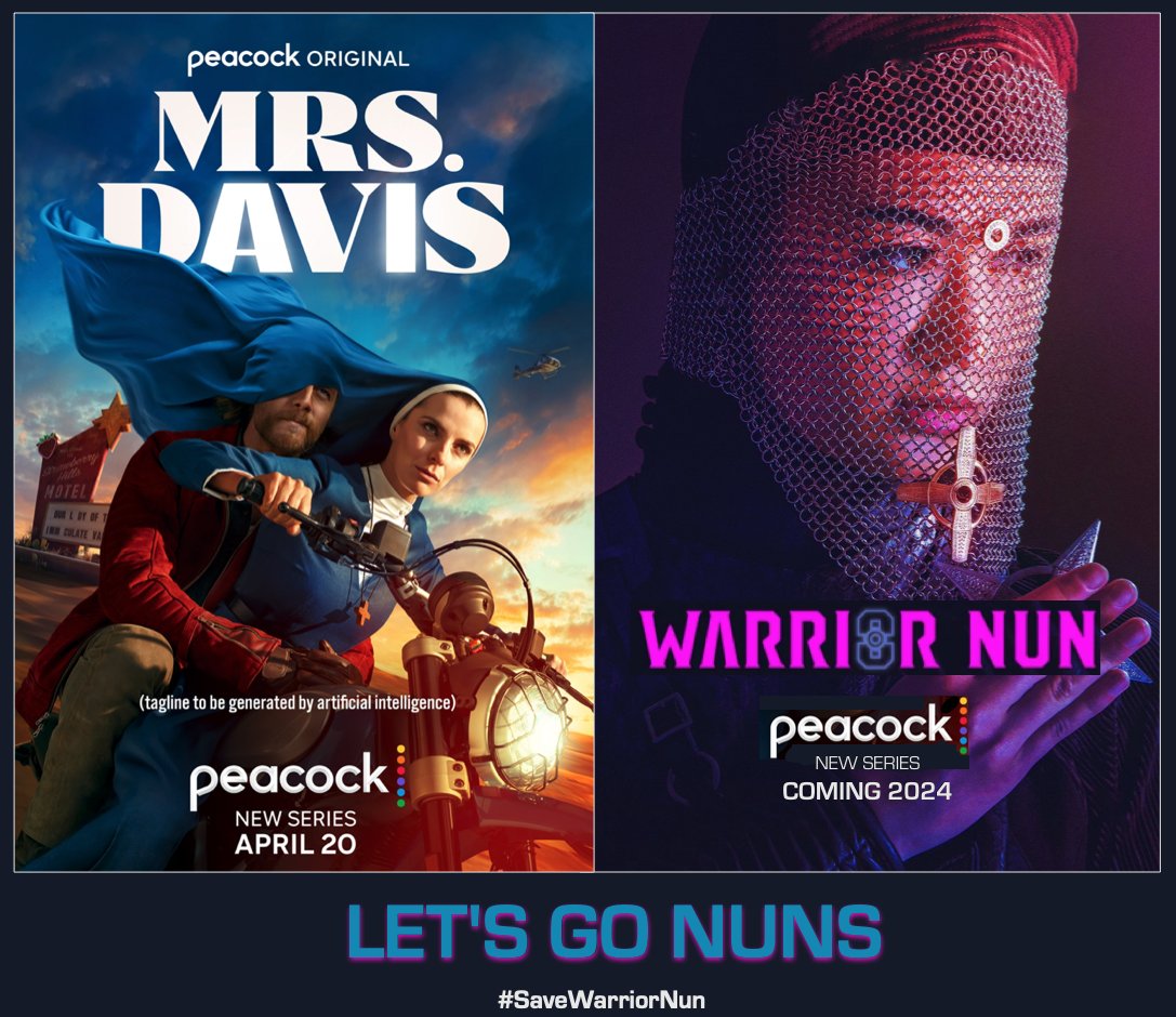 DrCatherder's tweet photo. A trailer for #MrsDAVIS just dropped. #WarriorNun fans rejoice! Two great shows with nuns is a habit @peacock subscribers wont want to break!  
LET'S GO NUNS
#SaveWarriorNun
@avanunice @blasphemusdeus @avatricesource @WarriorNunHQ @Jereczko97 @jckjcksw @SAddicted97 https://t.co/GQZDA5SsIs