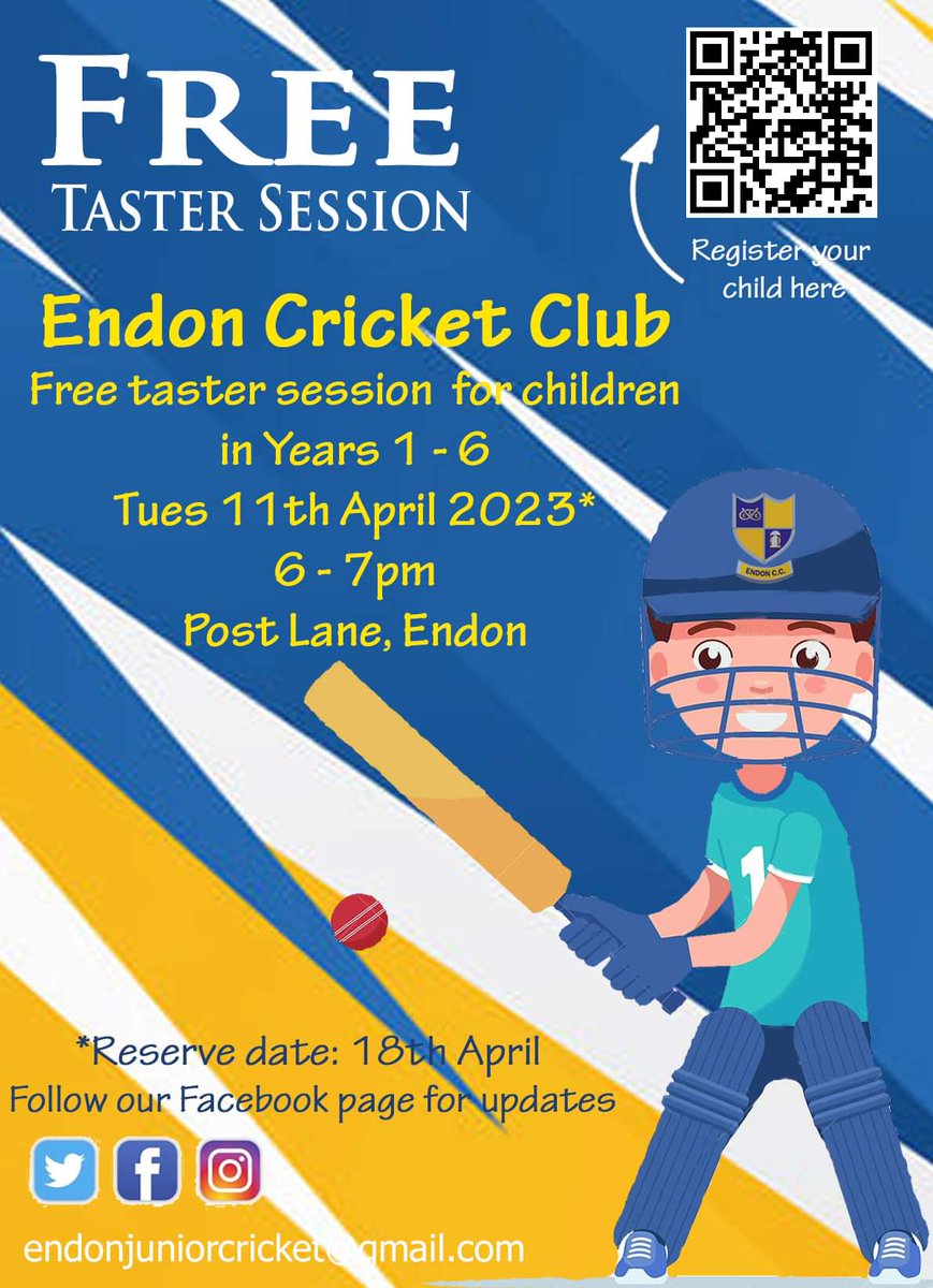Endoncc's tweet image. FREE taster session for new Junior Cricketers!

Open to all boys and girls in school years 1 – 6. No previous experience is necessary, and all kit will be provided. To register: surveymonkey.co.uk/r/SDZXKWQ

#endon #whatsonstoke #juniorcricket
