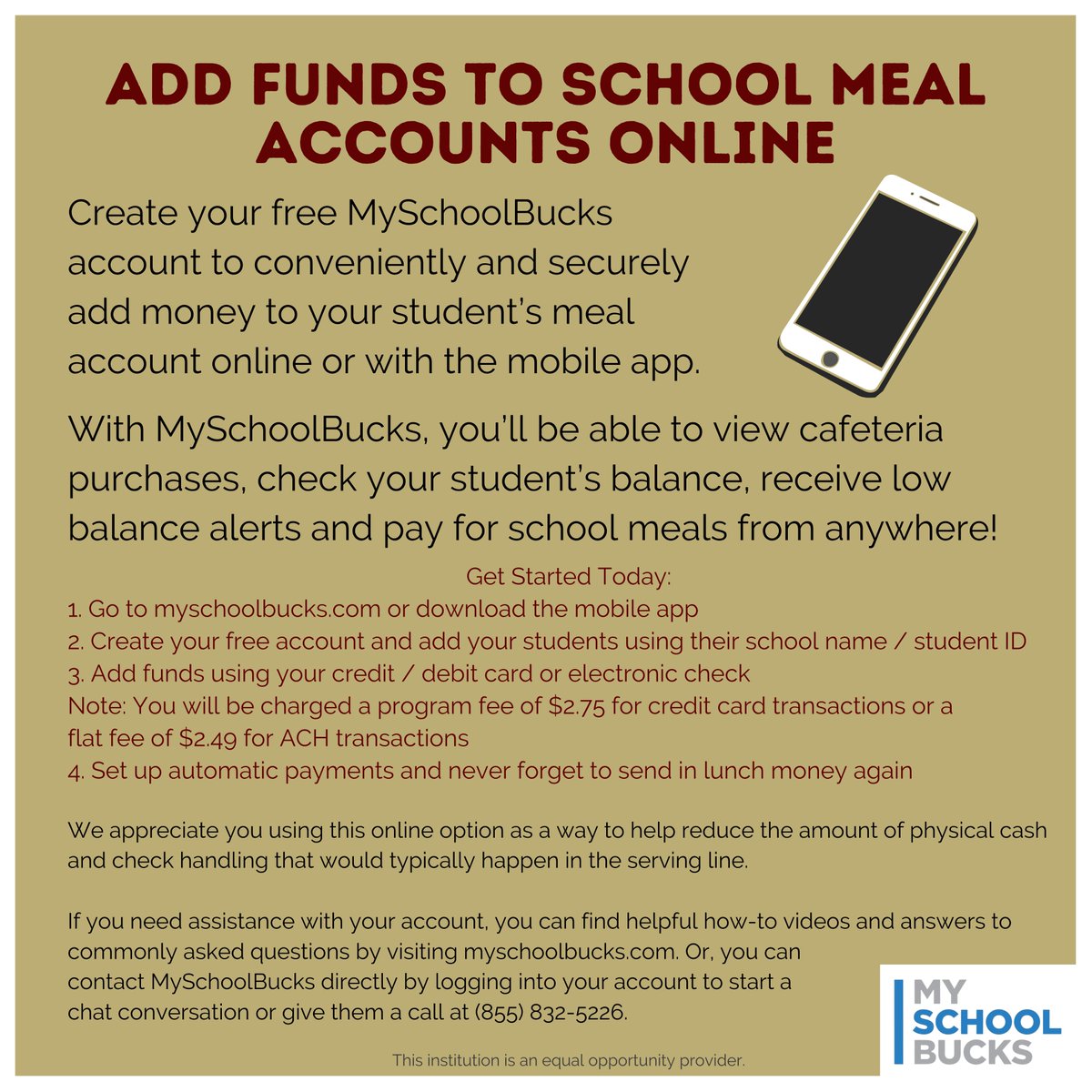 Help your student speed through the lunchline by prepaying online at myschoolbucks.com. Even though #schoolbreakfast and #schoollunches are free this year, we encourage students to still have money on their accounts to purchase a la carte items!