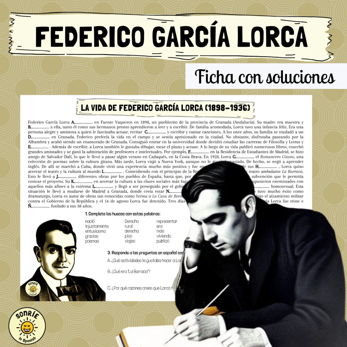 sonrieinspanish's tweet photo. Thank you all for your kind feedback! ♥️ #mfltwitterati #LCDBA #edutwitter #SpanishAlevel Worksheet on Federico García Lorca’s life with answers. Available ➡️ https://t.co/GcOd9EzucD https://t.co/Ve7qPbtv7e
