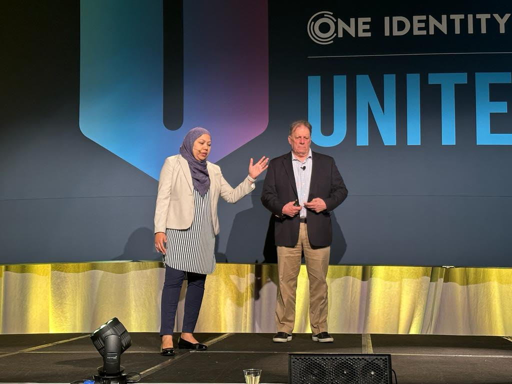 OneIdentity's tweet photo. Thank you Sheema Begum and Chuck Mance of 
@GWtweets for sharing your journey to #IGA with us and what your identity strategy looks like for the future at #OneIdentityUNITE. 

#customersuccess https://t.co/SospFHfe3S