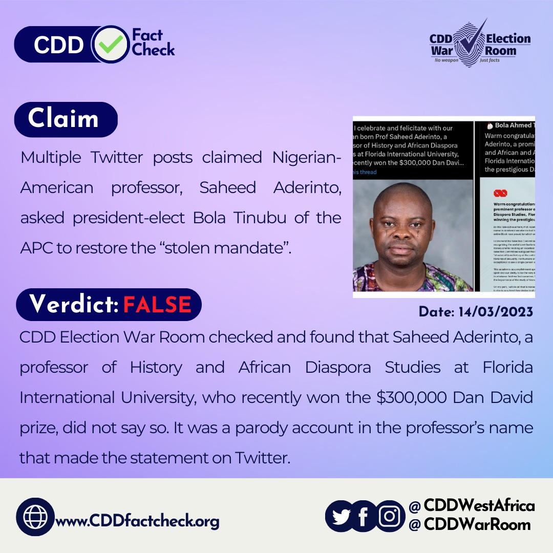CDDWarRoom's tweet photo. #FactCheck: Keep a close watch on parody accounts impersonating you. The well celebrated prof Saheed Aderinto just got impersonated without even having a Twitter account.
Did he actually ask @officialABAT to "restore our stolen mandate"?
Read more here: https://t.co/f4SjQ5f3CL https://t.co/3sDxuOZvjP
