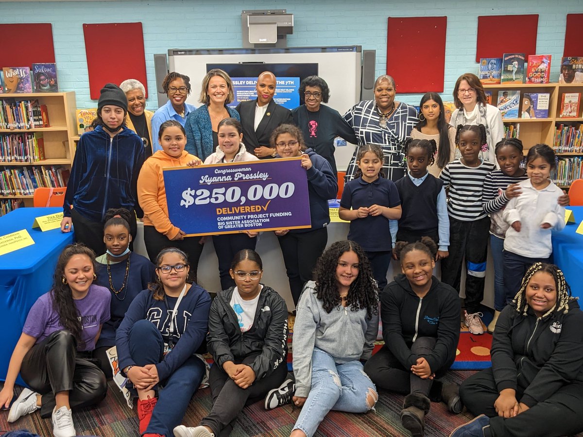 RepPressley's tweet photo. Our girls deserve the best support to thrive.

I joined @AnnissaForBos &amp; @BigSisterBoston to celebrate the $250,000 we secured to help them expand their mentorship programs, pour into our girls, &amp; foster their brilliance. https://t.co/Dr4e9pEioZ