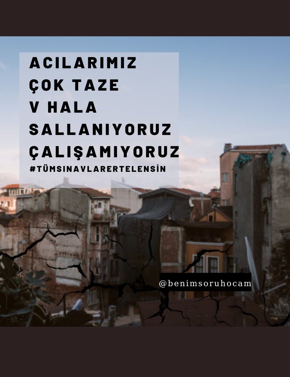 Herkesin eşit şartlarda sınavlara hazırlanabilmesi için sınavların ileri tarihlere ertelenmesi şarttır. Depremden etkilenen kişilerin hem psikolojik olarak hemde imkan ve olanak açısından zamana ihtiyaçları vardır.

<a href="/OSYMbaskanligi/">ÖSYM</a> <a href="/RTErdogan/">Recep Tayyip Erdoğan</a>
<a href="/tcbestepe/">T.C. Cumhurbaşkanlığı</a>

#ÖSYMSınavlarErtelenmeli