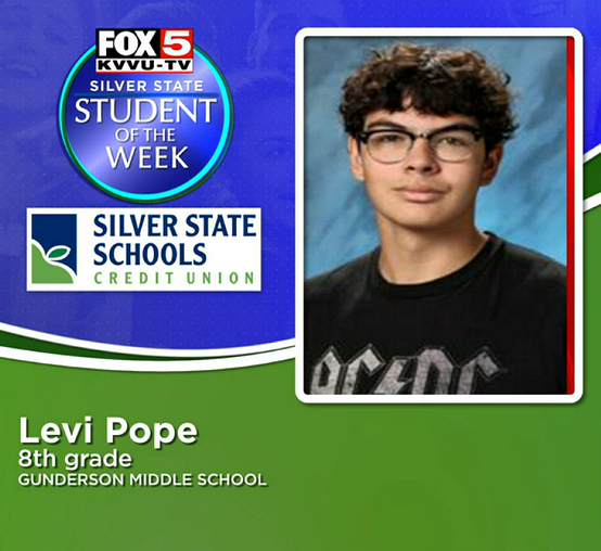 CCSDEngage's tweet photo. Levi Pope of Gunderson MS is this week's @FOX5Vegas and @SilverStateCU Student of the Week! 
.
Levi is an exceptional student with many academic talents and intellectual strengths. 
.
#educateandcelebrate #learningandloving #ccsdcommunity #ccsd #studentoftheweek @ClarkCountySch https://t.co/xvesIBR0Dh