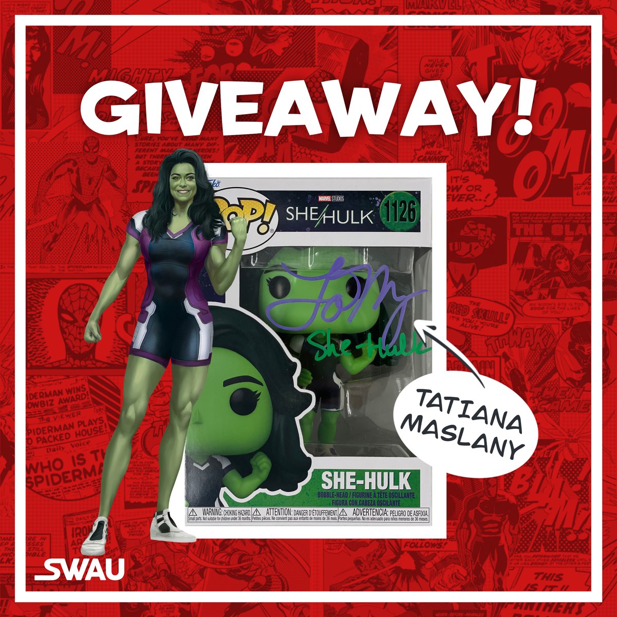 swau_official's tweet photo. Now is your chance to win a She-Hulk Funko Pop signed by Tatiana Maslany!

To enter:

- Follow @swau_official 
- Like &amp; RT
- Tag one friend PER COMMENT for extra entries

Winner will be announced next week. Good luck!

#swau #giveaway #tatianamaslany #shehulk #hulk #marvel #mcu https://t.co/MExaLeOqE3