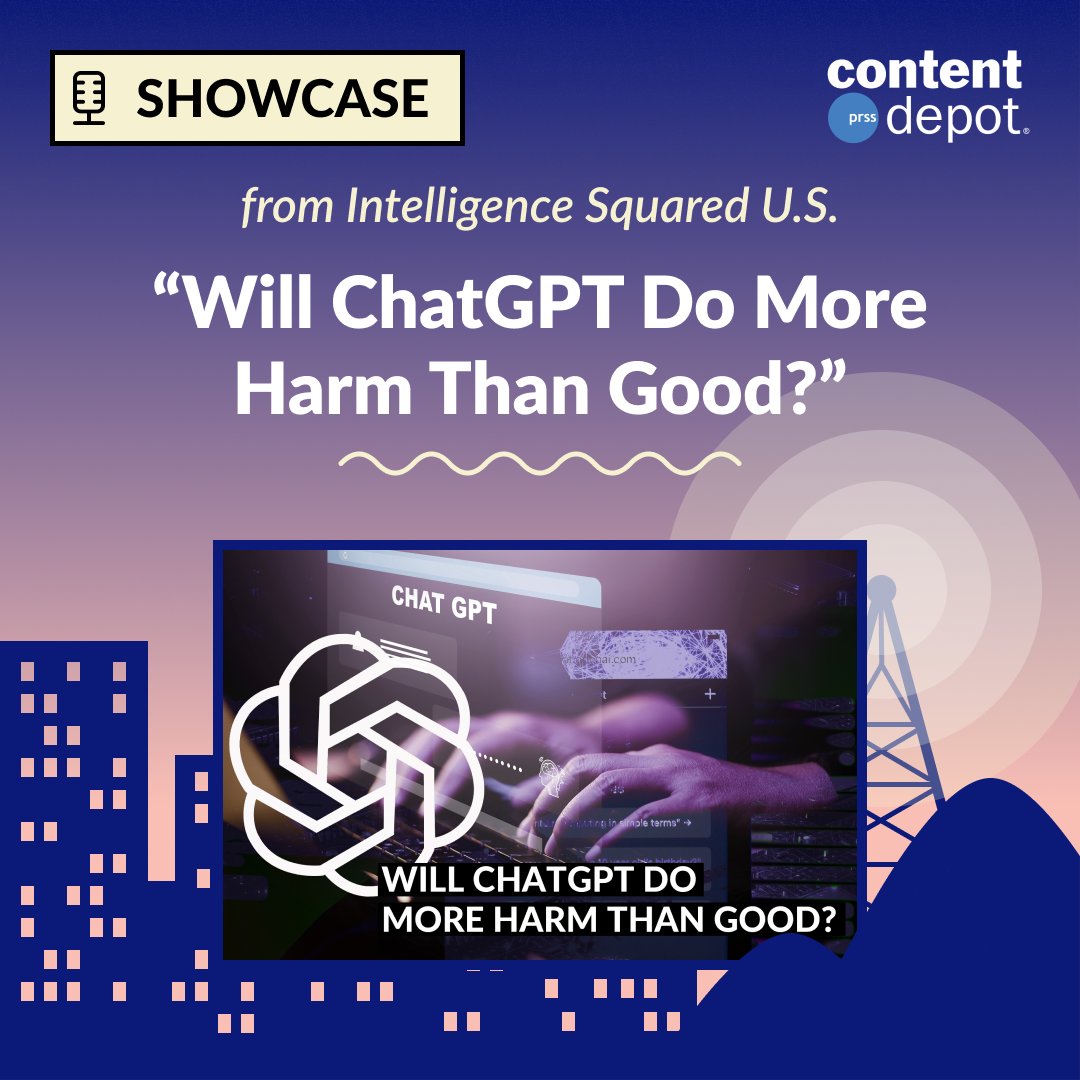 nprdistribution's tweet photo. Tune into @IQ2US's "Will ChatGPT Do More Harm Than Good?" to hear debate about the advanced AI chatbot rising in popularity and its detractors who fear job loss, increased disinformation, and long-term effects on humans’ capacity for reason &amp; writing. Available on #ContentDepot. https://t.co/m82wYXaLjv