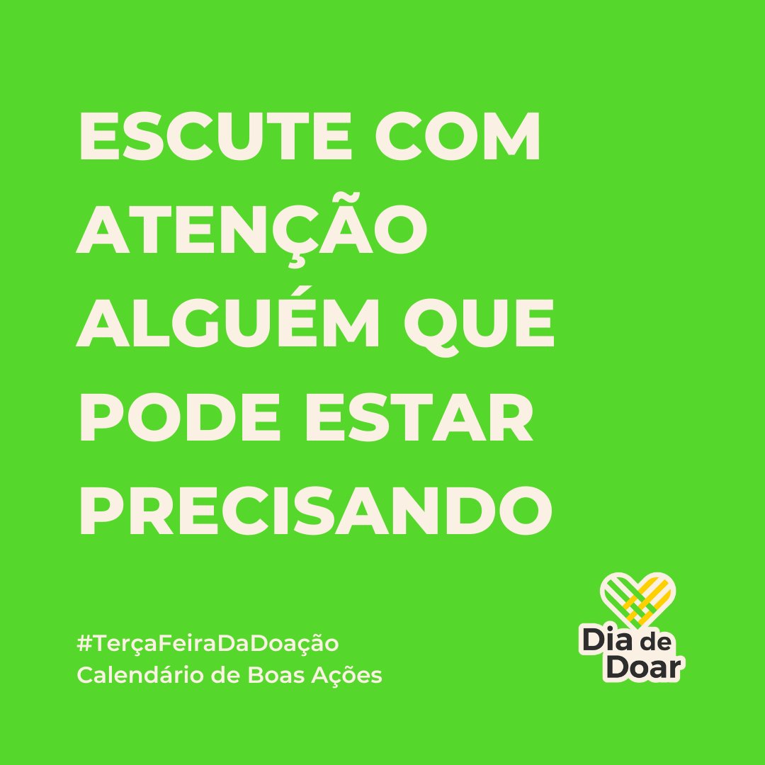Hoje é terça-feira, dia de fazer uma doação!

Encontre um momento no seu dia hoje para escutar alguém que precisa!

#DiaDeDoar #GivingTuesday #GIvingTuesdayBrazil #CulturaDeDoação
