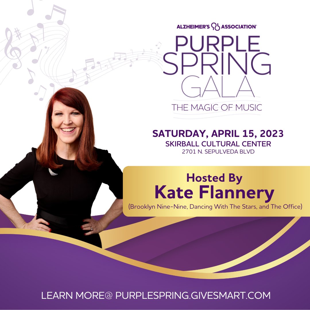 We are thrilled to announce actress @KateFlannery as the host of the #PurpleSpringGala on Saturday, April 15, 2023 at the @Skirball_LA Center! Thank you, Kate, for joining us! For more information visit purplespring.givesmart.com #ENDALZ #TheMagicOfMusic #SaveTheDate