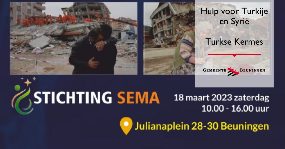 Aanstaande zaterdag wordt een Turkse Kermes (oftewel braderie) met veel verschillende Turkse, Koerdische en Syrische lekkernijen georganiseerd. 
De opbrengst en eventuele donaties is voor Stichting Time To Help. Lokaal wordt deze ondersteund door Stichting SEMA.