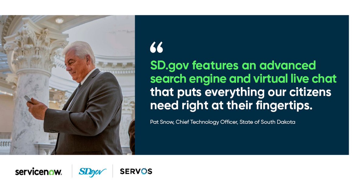 rickjtaylor's tweet photo. With ServiceNow, the State of South Dakota has created a better citizen, business, and employee experience. The site has upgraded to a one-stop-shop where everyone can instantly find what they need. https://t.co/pFFnxbSDkh https://t.co/09MimtgwbJ