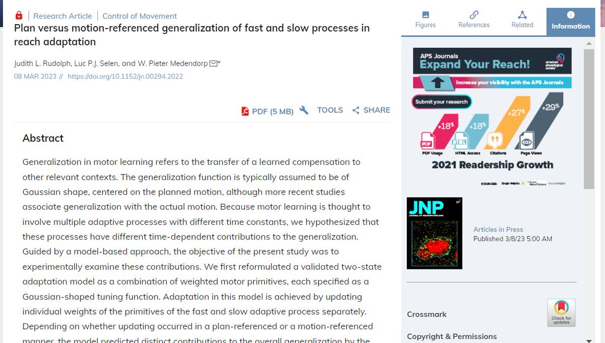 JNeurophysiol's tweet image. 👉#ArticlesInPress &quot;Plan versus motion-referenced generalization of fast and slow processes in reach adaptation&quot; by W. Pieter Medendorp (@pmedendorp) et al.

👉ow.ly/ZEEI50Ncpv8

#MotorLearning #StateSpaceModeling #MotorPrimitives #Neurophysiology