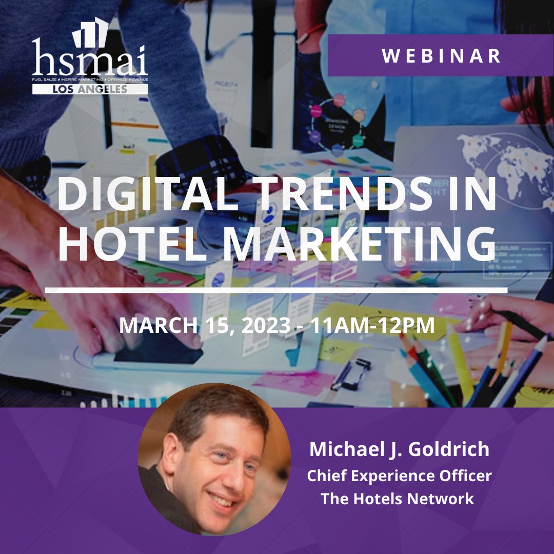 Join us tomorrow for "Digital Trends in Hotel Marketing," webinar facilitated by Michael J. Goldrich of The Hotels Network

hsmailosangeles.org/event/digital-…

#hotelmarketing #hotelmanagement
#hotelsales #revenuemanagement
#hoteliers