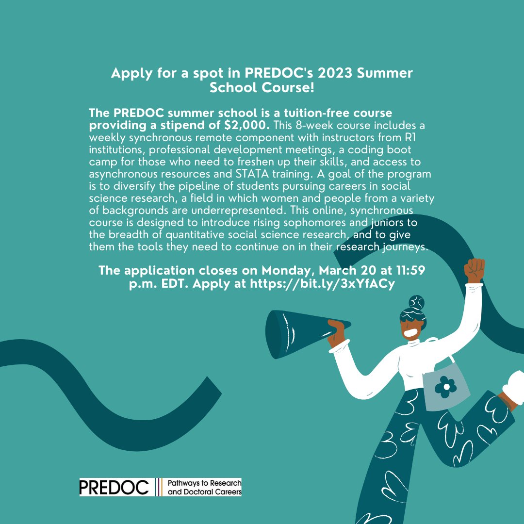 PREDOC.org (@predoc_org) on Twitter photo Apply for a spot in PREDOC's 2023 Summer Course by March 20th! Successful applicants will attend weekly classes with Harvard and UChicago faculty, professional development sessions, coding/database workshops, etc. bit.ly/3xYfACy
✨All students receive a $2000 stipend✨ Apply for a spot in PREDOC's 2023 Summer Course by March 20th! Successful applicants will attend weekly classes with Harvard and UChicago faculty, professional development sessions, coding/database workshops, etc. bit.ly/3xYfACy
✨All students receive a $2000 stipend✨