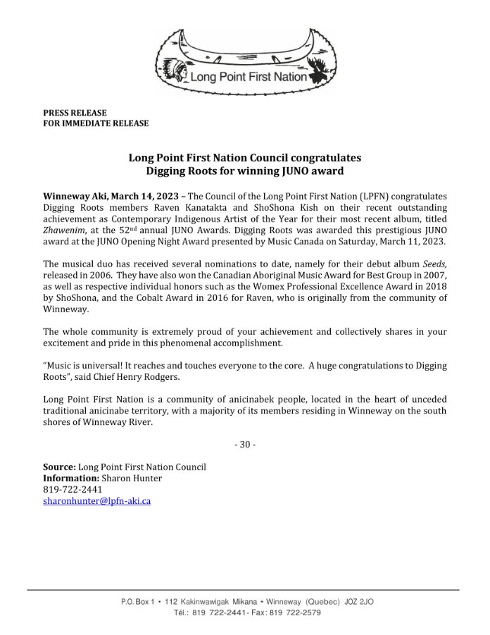 Press release: Long Point First Nation Council congratulates Digging Roots for winning JUNO award

#JUNO #JUNOAward #IndigenousArtistoftheYear #IndigenousPeoples #Anicinapek #firstnations #pride #artists #music