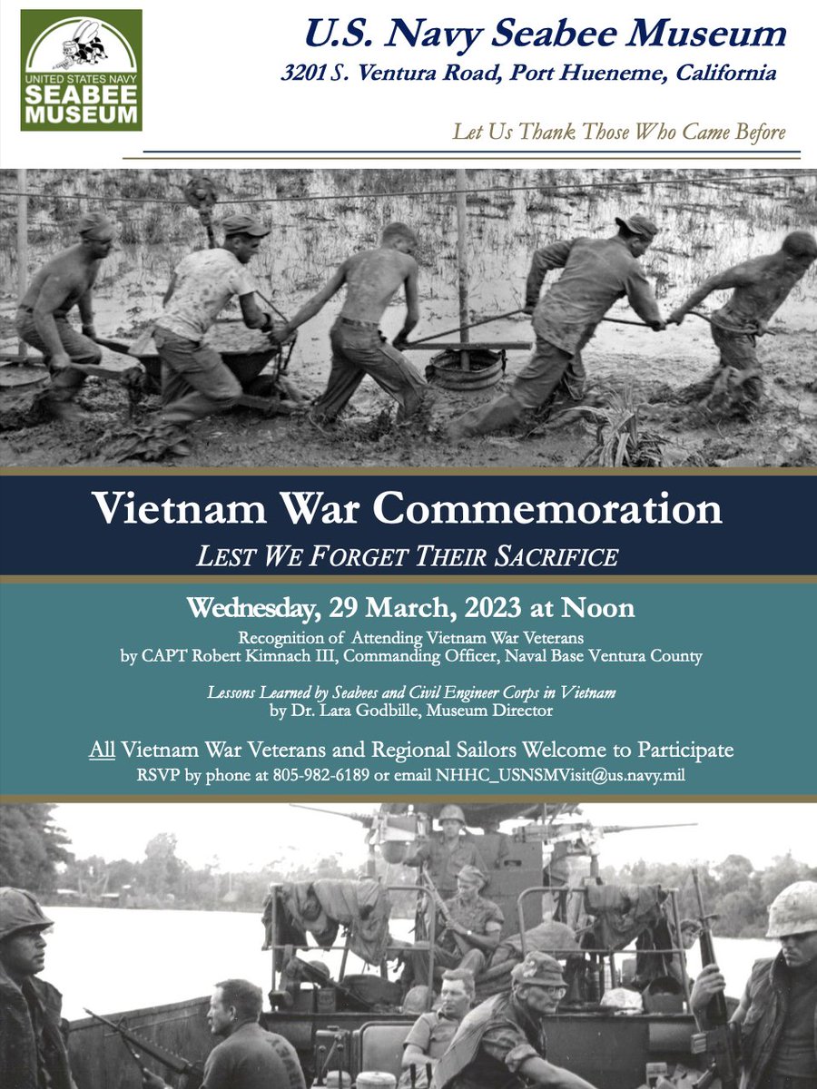 SeabeeMuseum's tweet photo. Come out to the U.S. Navy Seabee Museum on Wednesday, 29 March 2023 at Noon as we commemorate ALL Vietnam War Veterans and Regional Sailors.
#VietnamVeteransDay #Seabees #CanDo #usnavy #usnsm #NBVC #California #porthueneme #oxnard #camarillo #ventura #SeabeeVietnamVeterans https://t.co/y4QKmH4cZD