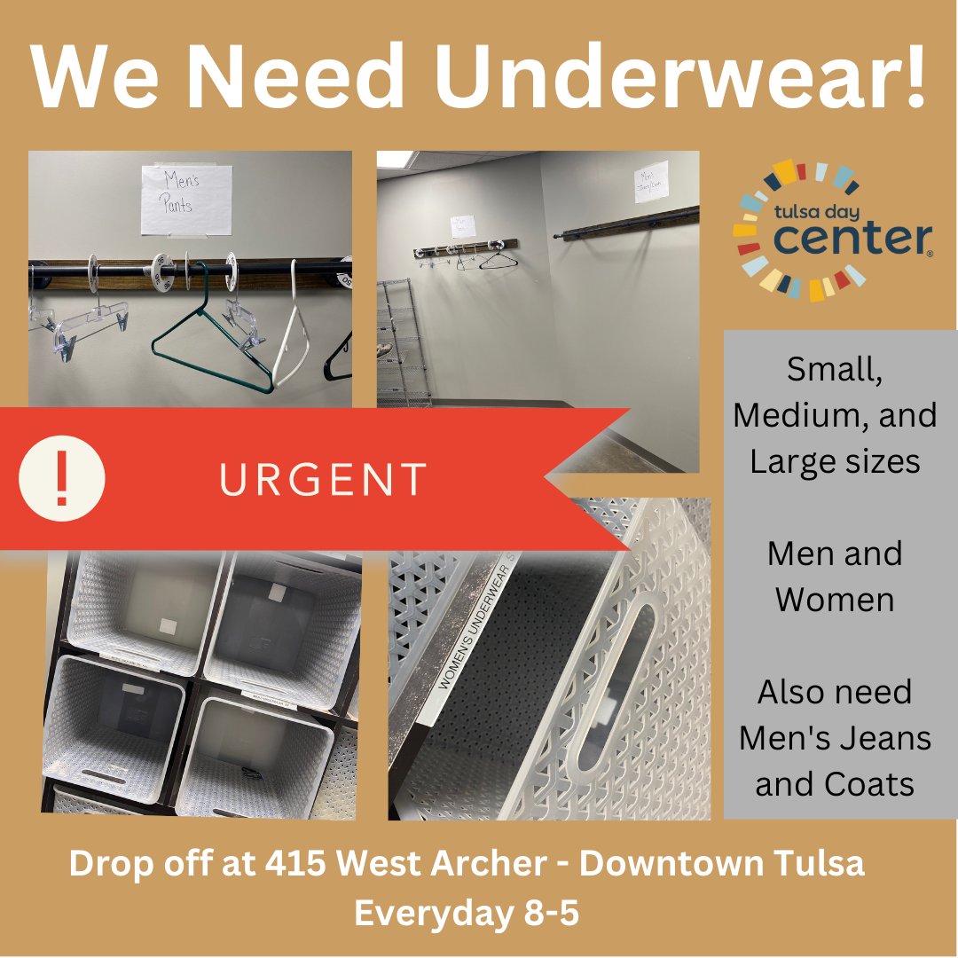 Tulsa Day Center (@tulsadaycenter) on Twitter photo We need underwear! Men and women. Also need men's coats and jeans. Can you help? Drop off, or shop our amazon wish list here: a.co/6BL8IMK
<a href="/housing_tulsa/">Housing Solutions Tulsa</a> <a href="/tulsaunitedway/">Tulsa Area United Way</a>
#housingendshomelessness
#donate We need underwear! Men and women. Also need men's coats and jeans. Can you help? Drop off, or shop our amazon wish list here: a.co/6BL8IMK
<a href="/housing_tulsa/">Housing Solutions Tulsa</a> <a href="/tulsaunitedway/">Tulsa Area United Way</a>
#housingendshomelessness
#donate