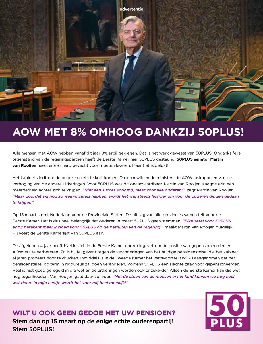 <a href="/MvRooijen/">Martin van Rooijen</a> is voorvechter voor uw pensioen. Dankzij 50PLUS is de AOW met 8% omhoog gegaan. Strijdt u met Martin en met ons mee? Laat dan morgen uw stem horen. Stem bewust, stem 50PLUS! 
#PS2023 #PSNH #50PLUS #verkiezingen #verkiezingen2023 #pensioen #AOW #zorg #wonen