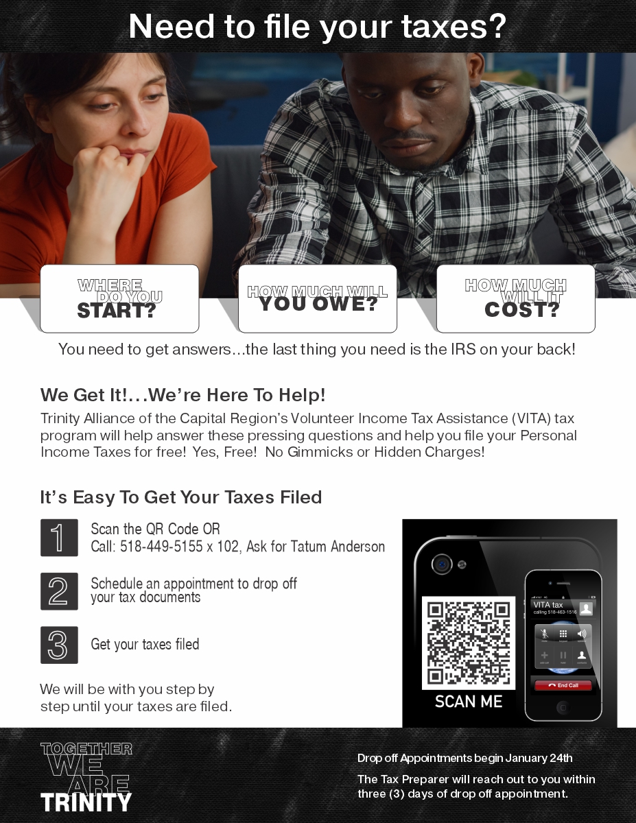 Trinity Alliance (@trinityalbanyny) on Twitter photo ONE MONTH TO GO: Our VITA Tax Program still has openings. Get yours scheduled today by emailing HealthandWellness@ta-cr.org or calling Tatum. ONE MONTH TO GO: Our VITA Tax Program still has openings. Get yours scheduled today by emailing HealthandWellness@ta-cr.org or calling Tatum.