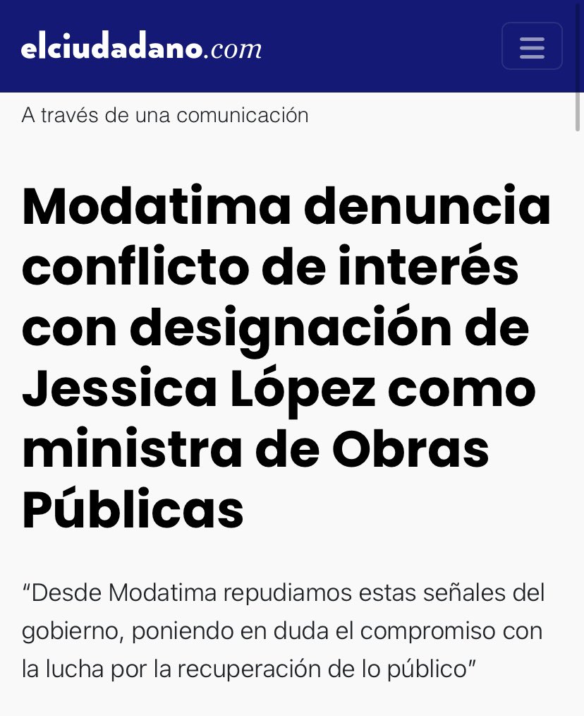 modatima_cl's tweet photo. @CaroVilchesF Nuestra vocera nacional denunciado el grave #ConflictodeInteres en la designación de #JessicaLopez en la cartera del @mop_chile No queremos que intereses privados decidan sobre asuntos públicos! @rmunda @RoyoManuela @El_Ciudadano @GabrielBoric @criordor https://t.co/FJC4gZsaJe