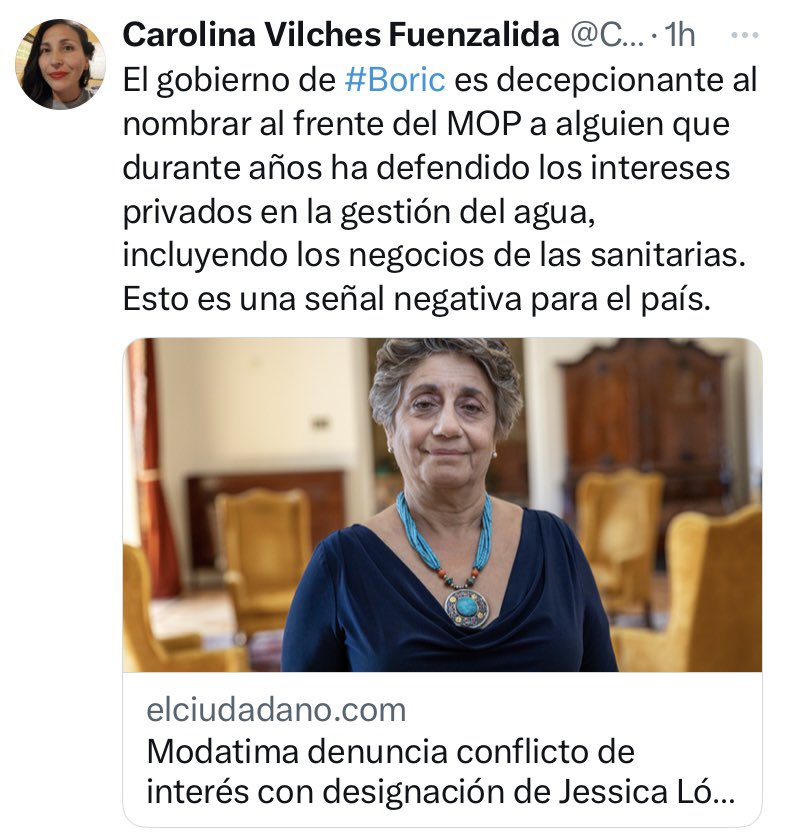 modatima_cl's tweet photo. @CaroVilchesF Nuestra vocera nacional denunciado el grave #ConflictodeInteres en la designación de #JessicaLopez en la cartera del @mop_chile No queremos que intereses privados decidan sobre asuntos públicos! @rmunda @RoyoManuela @El_Ciudadano @GabrielBoric @criordor https://t.co/FJC4gZsaJe