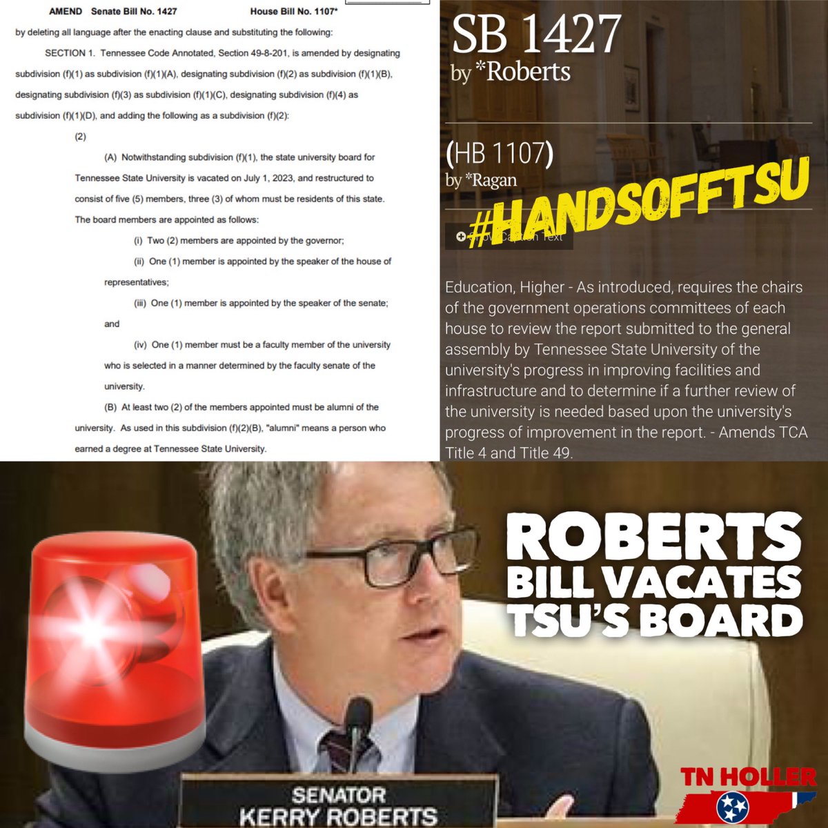 TheTNHoller's tweet photo. 🚨 HEADS UP — SB 1427 up in Senate Education tomorrow from @kerryeroberts would VACATE HBCU TSU’S BOARD🤔 #HandsOffTSU
Email: Sen.first.last@capitol.tn.gov
Committee: https://t.co/ygqjrewokR https://t.co/olSDWPtqhE