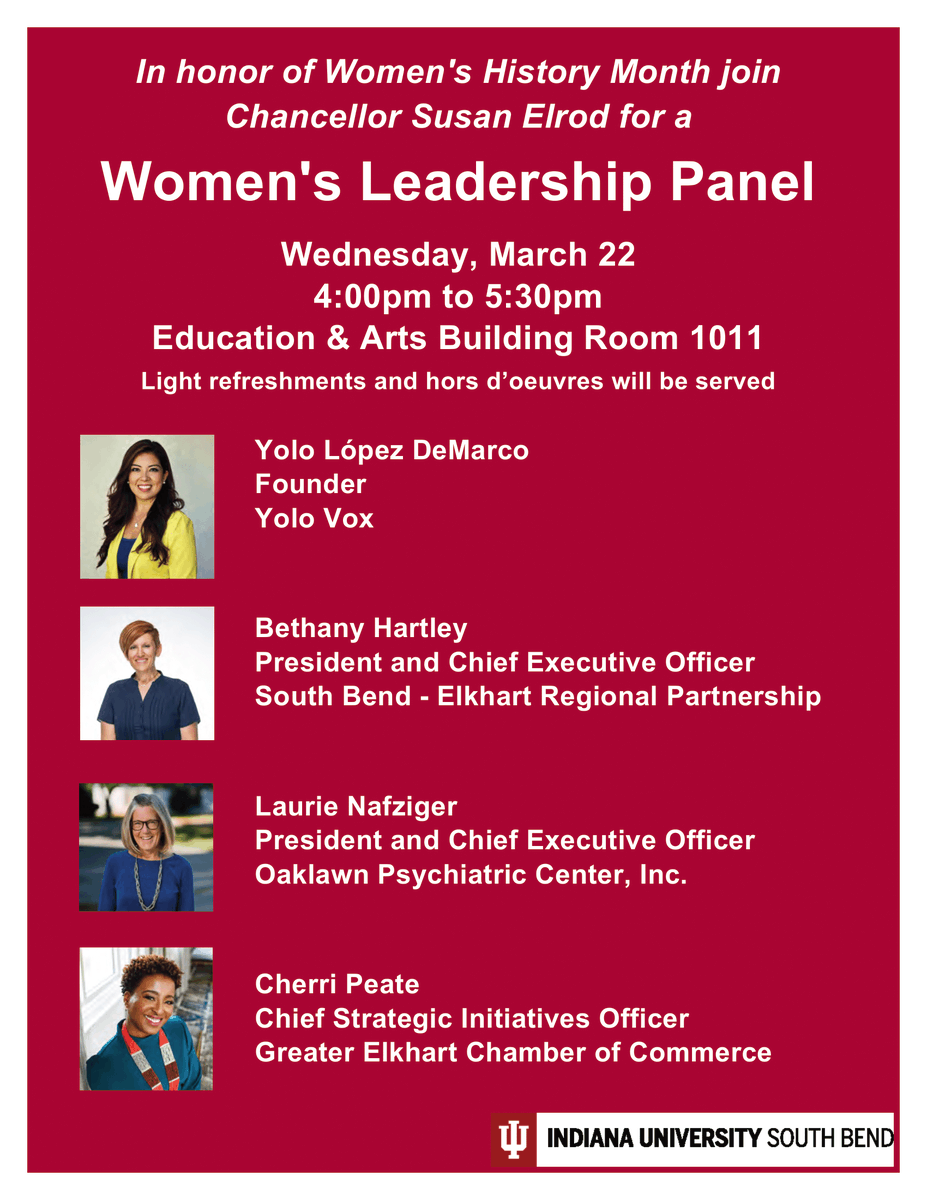 IUSouthBend's tweet photo. In honor of #WomensHistoryMonth, Chancellor Susan Elrod is hosting a women’s leadership panel.  Panelists will share their leadership journeys, how education helped shape their path, and advice for those considering leadership roles. Open to the public. https://t.co/bXioeT5TVb