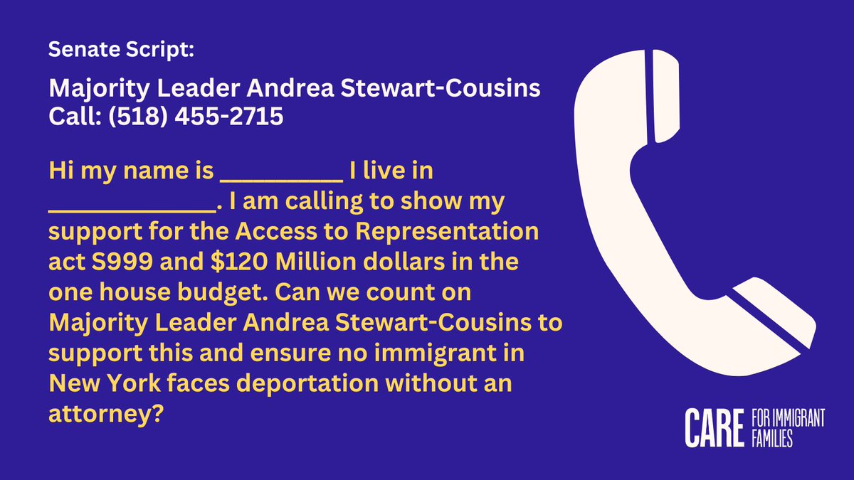 URGENT: We are fighting to guarantee access to legal counsel for all NYers facing deportation. Join us by calling @AndreaSCousins (518) 455-2715 & @CarlHeastie (518)455-3791 to demand support for the #AccesstoRepresentation Act and $120Million in the budget!