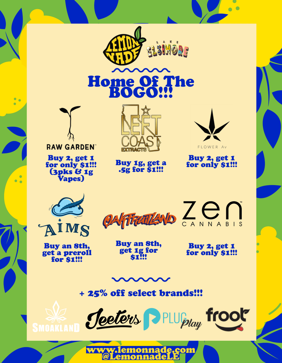 LemonnadeLakeE's tweet photo. Take a look at today's daily deals!!! We've got sales on products from @_rawgarden, @LeftCoastX, and more!!! Open daily from 7am-9pm! Order for delivery or curbside pick-up at https://t.co/ZAsnyX0WOp! #FlavorsOurThing🍋 #LemonnadeLE #Cookies https://t.co/JtGW14EhUf