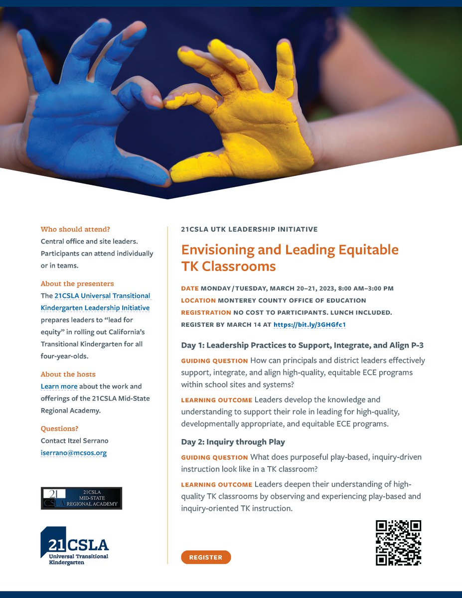 Monterey COE is excited to host 21CSLA's Envisioning & Leading Equitable TK Classrooms. This 2-day event prepares UPK leaders in developing equitable systems & playful learning experiences for our young learners March 20–21, 8AM–3PM
Register here: bit.ly/3GHGfc1