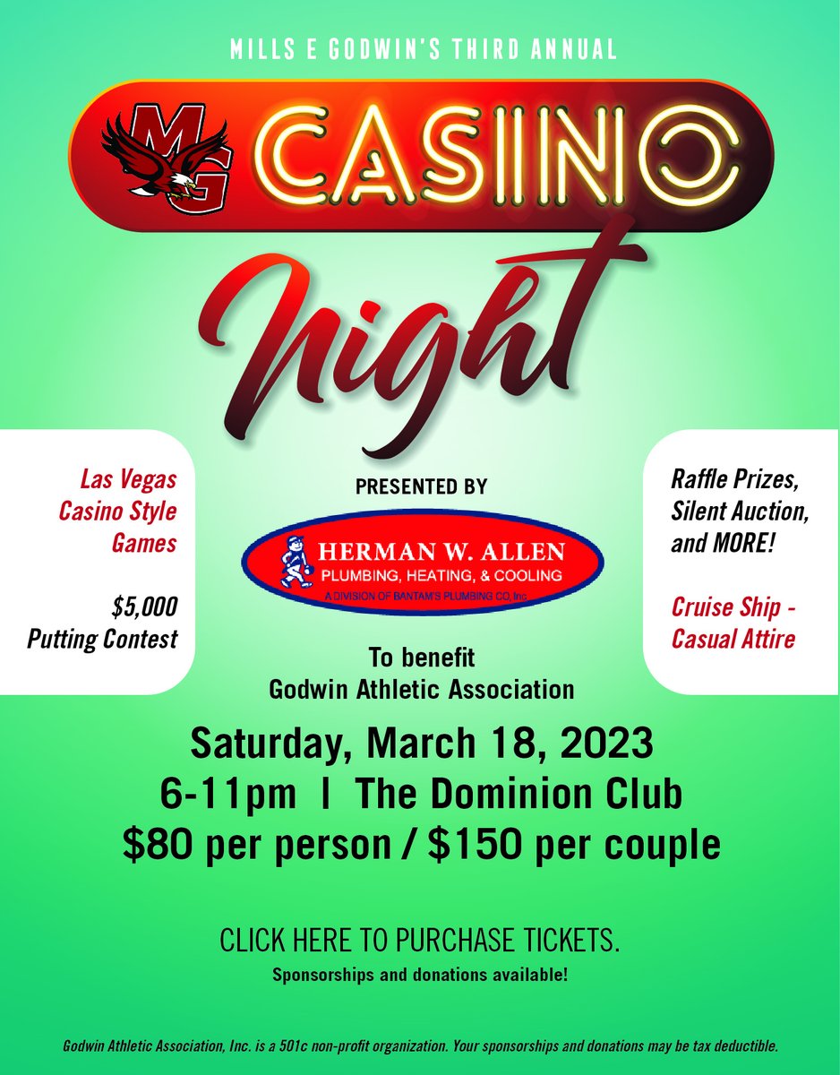 Come join us Saturday night at The Dominion Club for Godwin Athletic Association's 3rd Annual Casino Night! 🦅

Tickets:  form.jotform.com/230107551588153