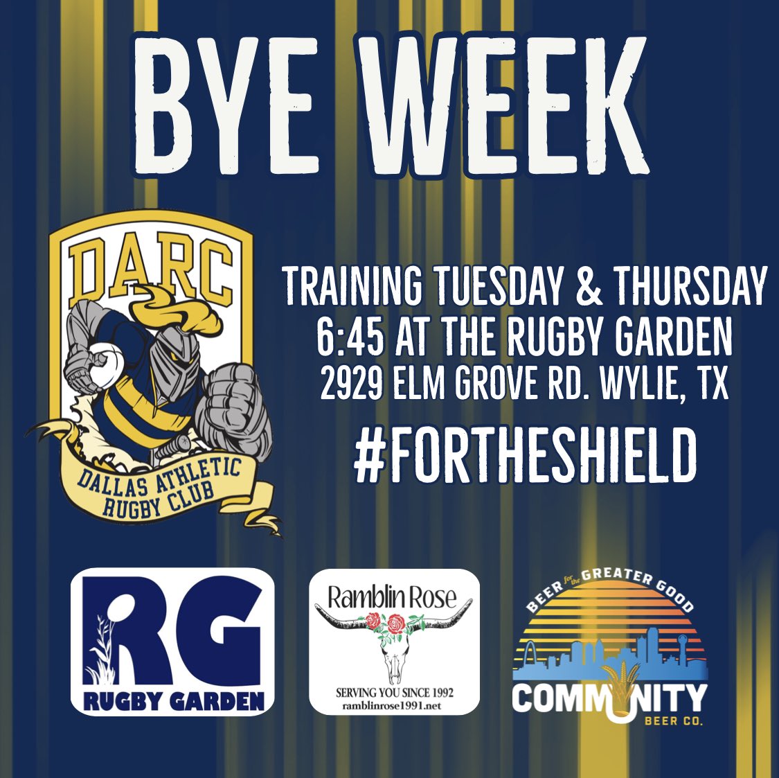 darcrugby's tweet photo. No match this week but that doesn’t stop the grind. We’re training tonight &amp; Thursday at The Rugby Garden! Warming up &amp; individual skills at 6:45, team training begins at 7PM. #ForTheShield #JoinTheDARCside https://t.co/Apd3liOSFH