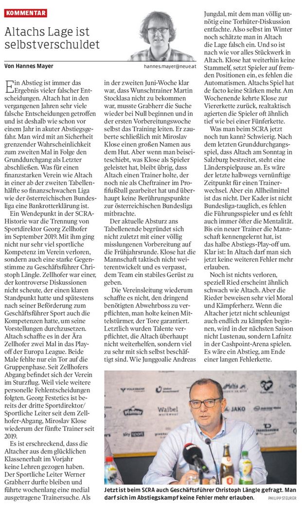 Der SCR Altach muss nun endlich kämpfen, um den Abstieg abzuwenden, erklärt <a href="/hannesmayer2/">Hannes Mayer 🌳</a>