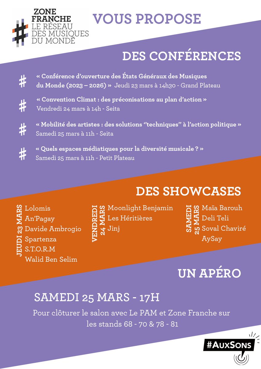 Zone Franche et <a href="/auxsons/">#AuxSons</a> sont partenaires de <a href="/BABELMUSICXP/">BABEL MUSIC XP</a> !

Le salon approche à grands pas, vous pourrez nous y retrouver sur les stands 78 à 81.

Au programme : des conférences, des showcases, des tables rondes et l'apéro du samedi pour clôturer le salon avec <a href="/PAMPOLEPACA/">PAM</a> !🍹