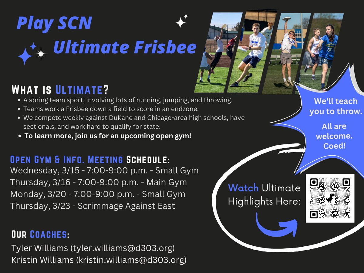SCN Ultimate is excited to kick off it’s season this week with open gym opportunities!!! All grade levels are welcome! Coed! We’ll teach you the sport. Competitions start after spring break! <a href="/SCNAthletics/">St. Charles North Athletics</a> <a href="/StCharlesNorth/">St. Charles North HS</a> <a href="/SCNBoosters/">SCN Athletic Boosters</a> <a href="/bluefangroup/">SCN Blue Fan Group</a> <a href="/SCNNewspaper/">SCN Stargazer</a>