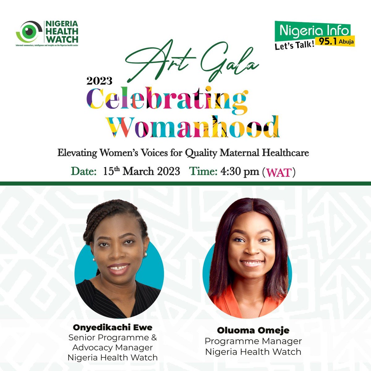 Ever wondered where health and art intersect? 

Join <a href="/Onyedikachiewe/">Onyedikachi</a> &amp; <a href="/KarenOmeje/">Omeje Oluomachukwu</a> on <a href="/NigeriaInfoAbj/">NigeriaInfoFMAbuja</a> tomorrow as they discuss what to expect at our Celebrating Womanhood Art Gala where #HealthMeetsArt!

#GivingBirthInNigeria