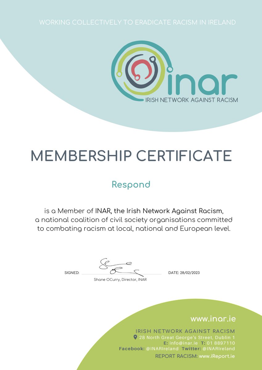 Respond is proud to announce that we have joined INAR, the Irish Network Against Racism.

INAR is a national network of anti-racism civil society organisations which aims to work collectively to highlight and address the issue of racism in Ireland
#TogetherAgainstRacism #ARM2023