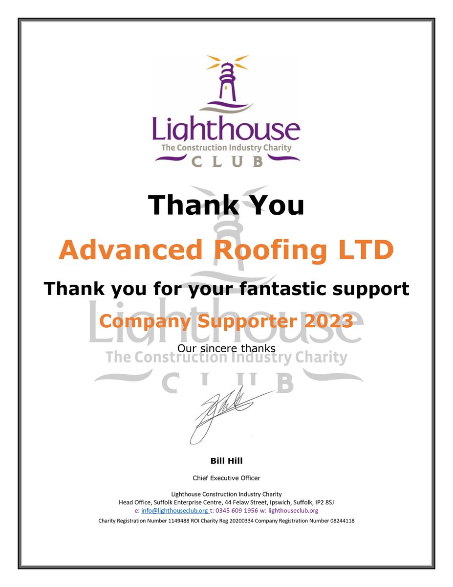 AdvRoofClad's tweet photo. The @LighthouseClub_  is a charity that we donate to annually and we have just been presented with our latest supporter certificate for 2023. We hope our contribution can help where needed 

#advroofclad #roofing #cladding #lighthouseconstructionindustrycharity https://t.co/VorvUynpXq