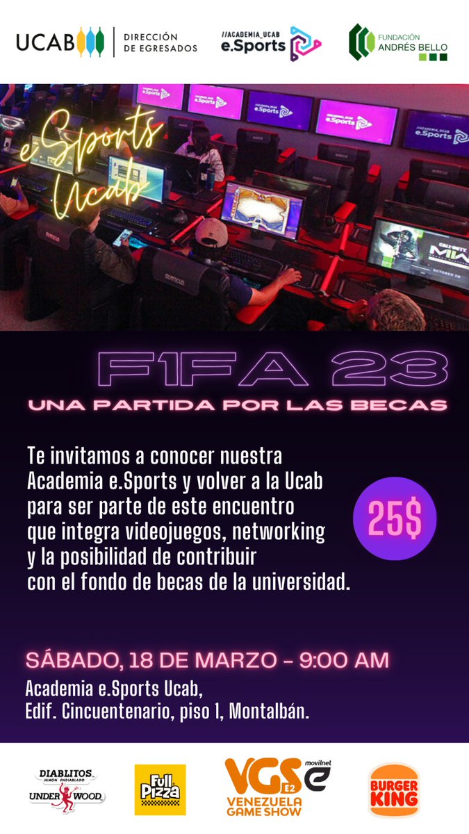 ¡Monta tu grupo y ven a la UCAB para una partida! 

Te invitamos a participar en el evento de F1FA 23 a beneficio del fondo de becas

Sólo 30 cupos disponibles ☑

Puedes contribuir con 25$ y deja tu pago aquí: docs.google.com/forms/d/e/1FAI…