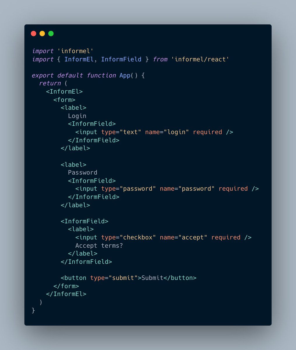 informel_js's tweet photo. Same thing for @reactjs use the `<InformEl>` and `<InformField>` component.

Common mistake: don't forget `import "informel"`. It is still needed once at the root of the app for registering the web components.

https://t.co/a1QHaWd46M https://t.co/aiT7z9qKds