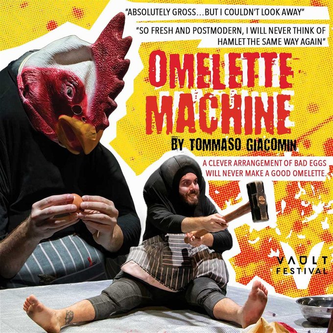 Our final show tonight sees us again @VAULTFestival for <a href="/TommasoGiacomi1/">Tommaso Giacomin</a>'s OMELETTEMACHINE, which "explores and unpack family trauma by butchering one of the most famous plays in the world: HAMLET."

We shall leave our reviewer Zoe to unpick the bones out of this one!

#theatre