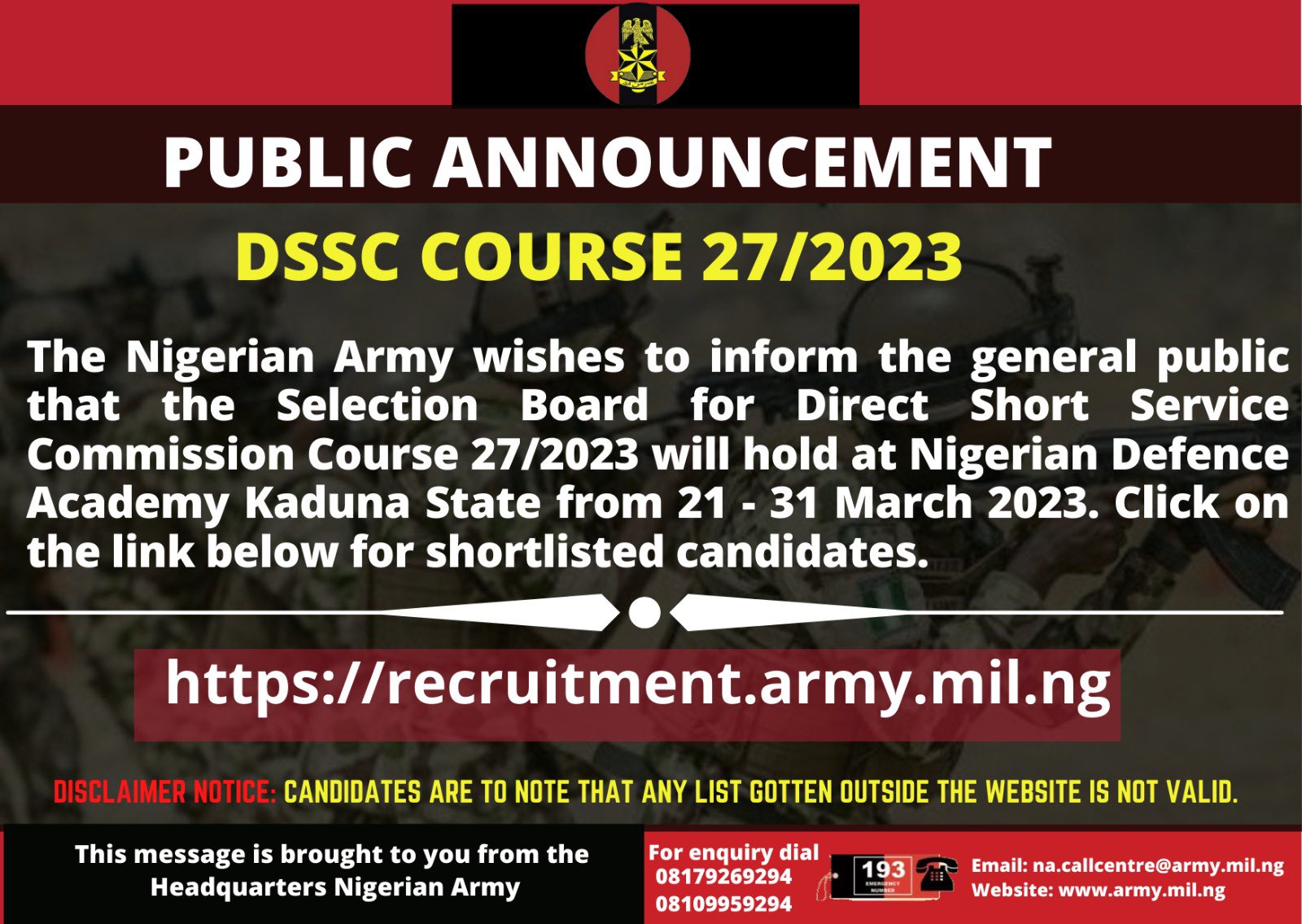 Nigerian Army on X: &ldquo;ANNOUNCEMENT This is to inform the general 
