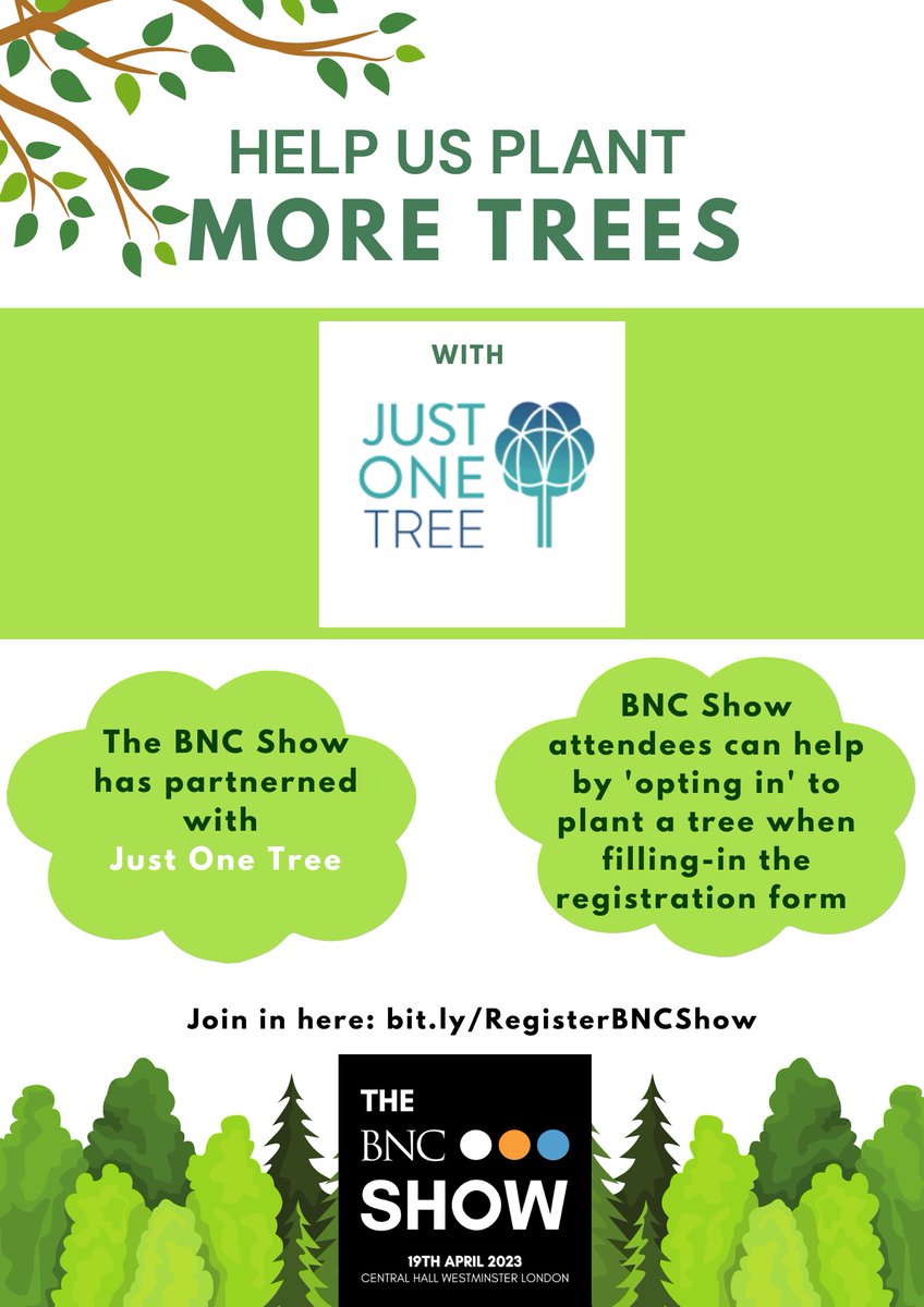 BNCEventShow's tweet photo. The BNC & Just One Tree
We're planting trees with every sign-up!
Join us for the day at The BNC Show on:
19th April | 9am-4pm | Central Hall Westminster
and join in with this incredible organisation's mission to save the planet. #justonetree
https://t.co/uCBHosk7vo https://t.co/KPMbe31fzA